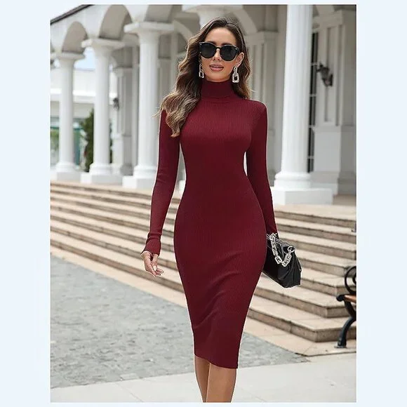 Women's Turtleneck Ribbed Knit Long Sleeve Slim Fit Sweater Dress